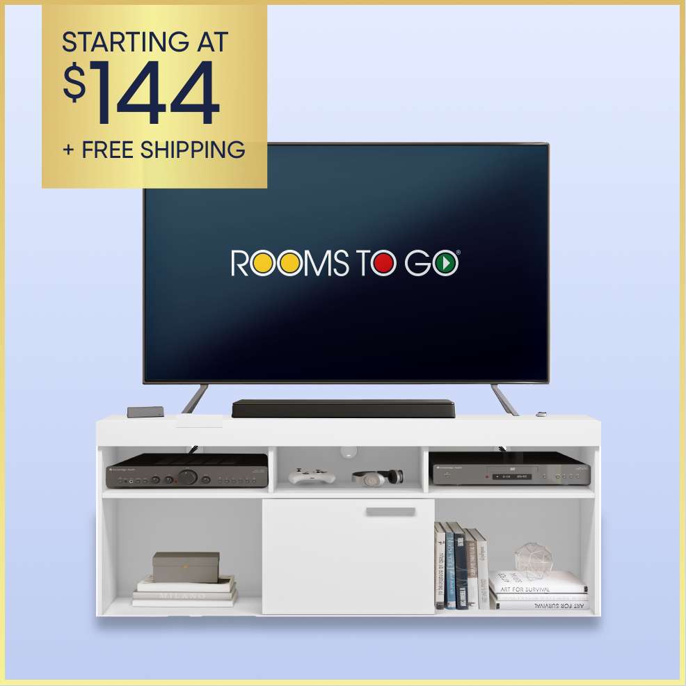 Starting at $144 + Free Shipping. A white TV stand with a TV on top.
