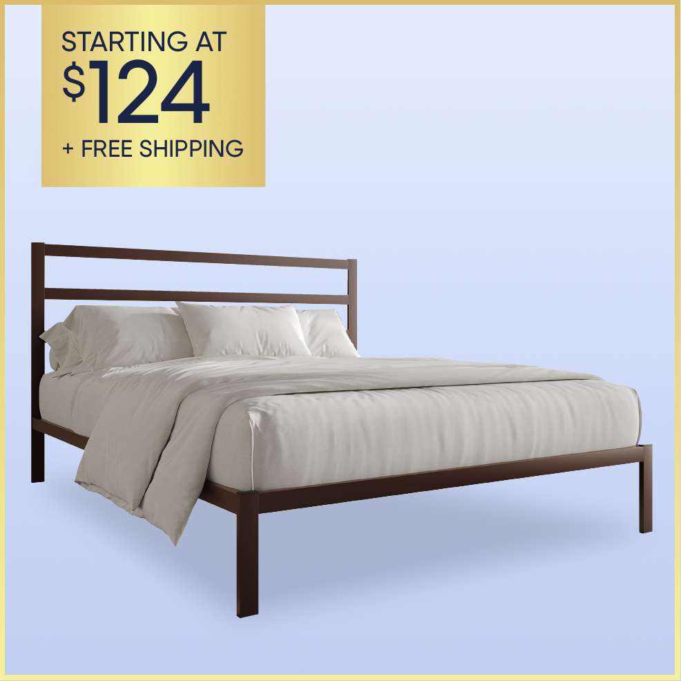STARTING AT $124 + FREE SHIPPING. A brown metal bed frame with white bedding.
