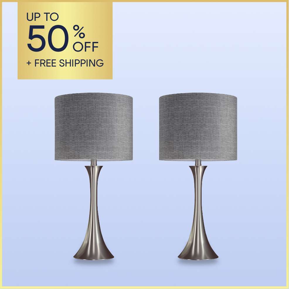 Up to 50% off + free shipping. Two silver table lamps with gray shades.
