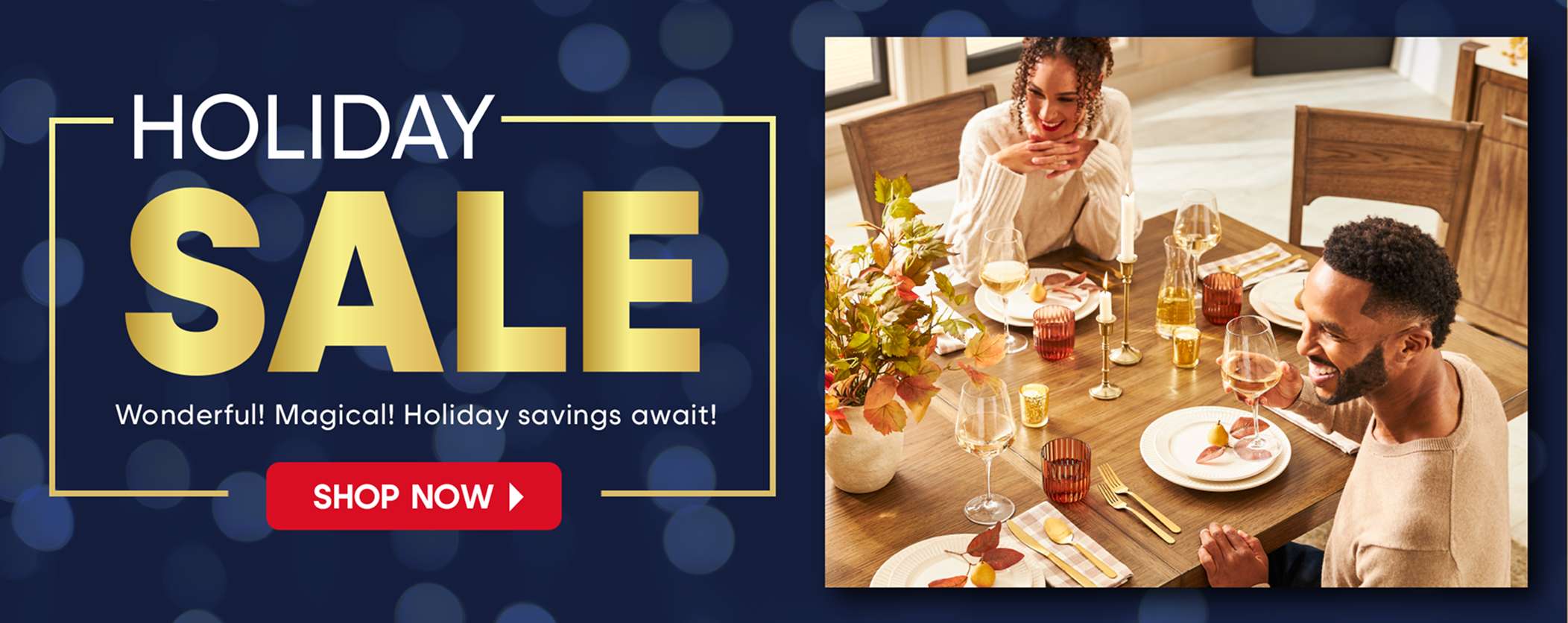 HOLIDAY SALE. Shop Now. People enjoying a holiday dinner.