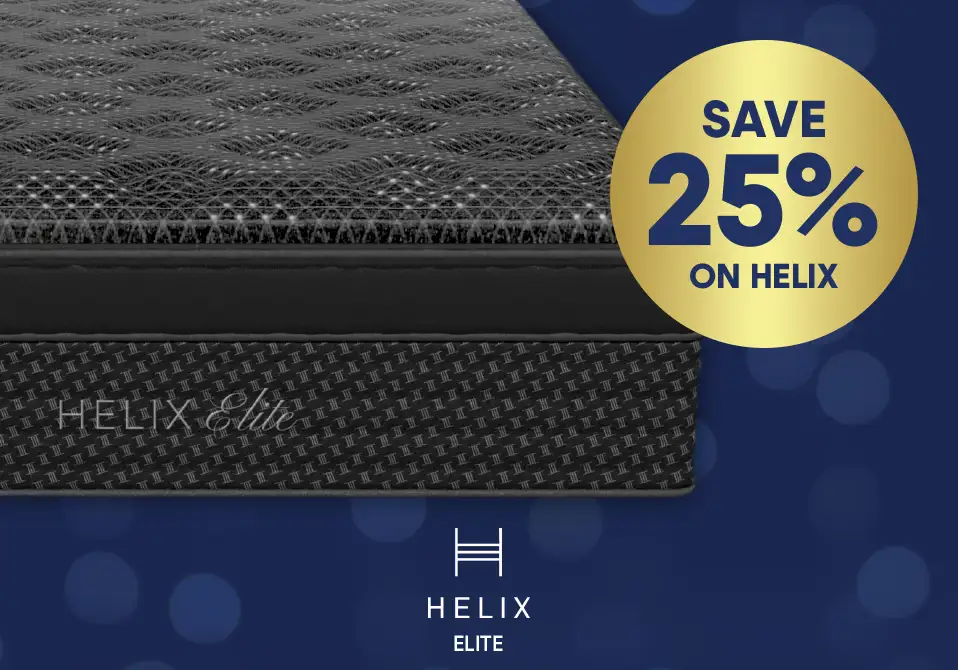 SAVE 25% ON HELIX. A black Helix Elite mattress.
