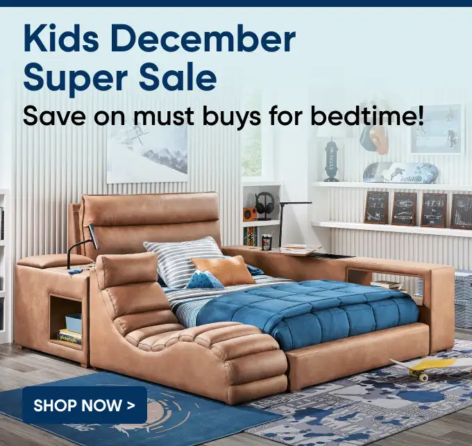 Kids December Super Sale: Save on must buys for bedtime! A brown leather bed with built-in storage and a blue comforter.
