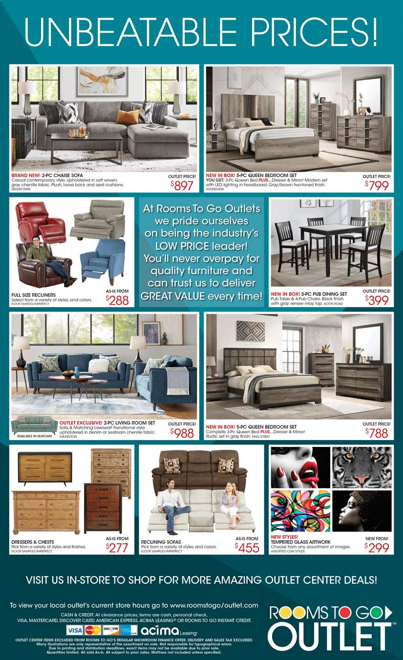 Rooms To Go Outlet furniture sale featuring sofas, bedroom sets, dressers, and artwork.

