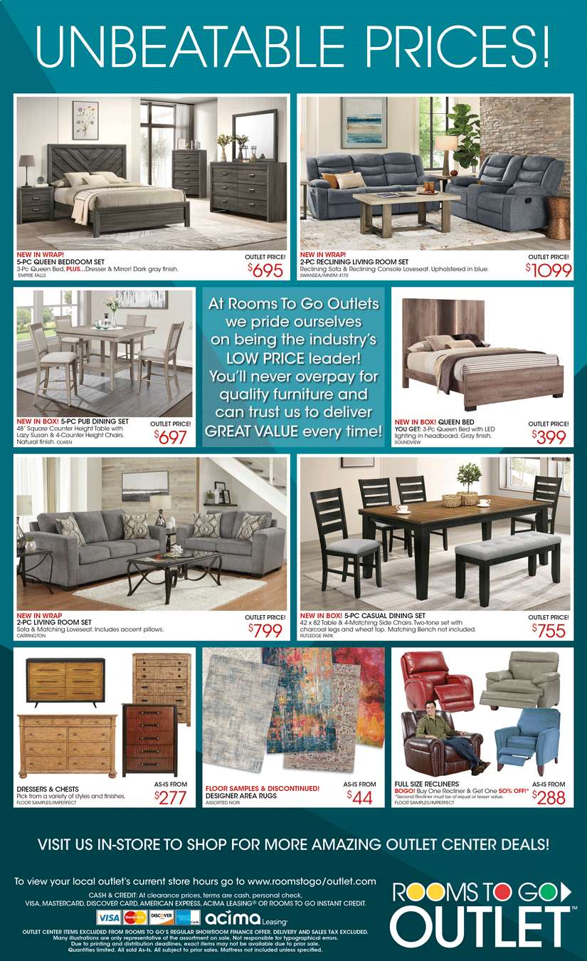 Rooms To Go Outlet sale: bedroom sets, living room sets, dining sets, dressers, rugs, and recliners.
