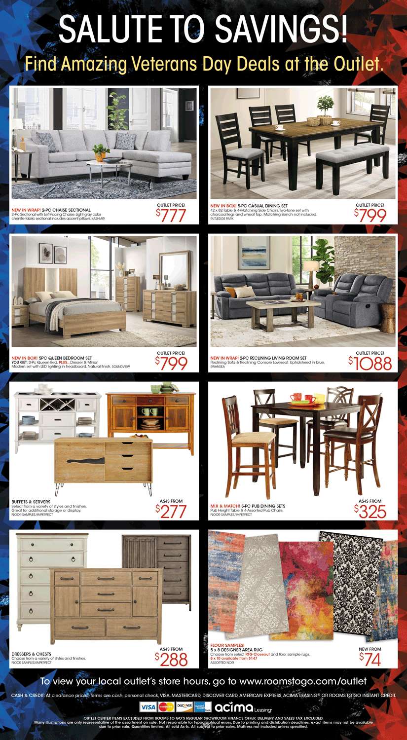 Veterans Day sale ad with furniture, including a sectional, dining set, bedroom set, and rugs.
