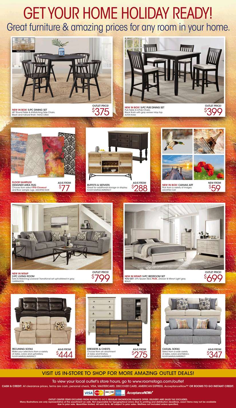 Promotional image for furniture, featuring various furniture sets and home decor items with outlet prices.
