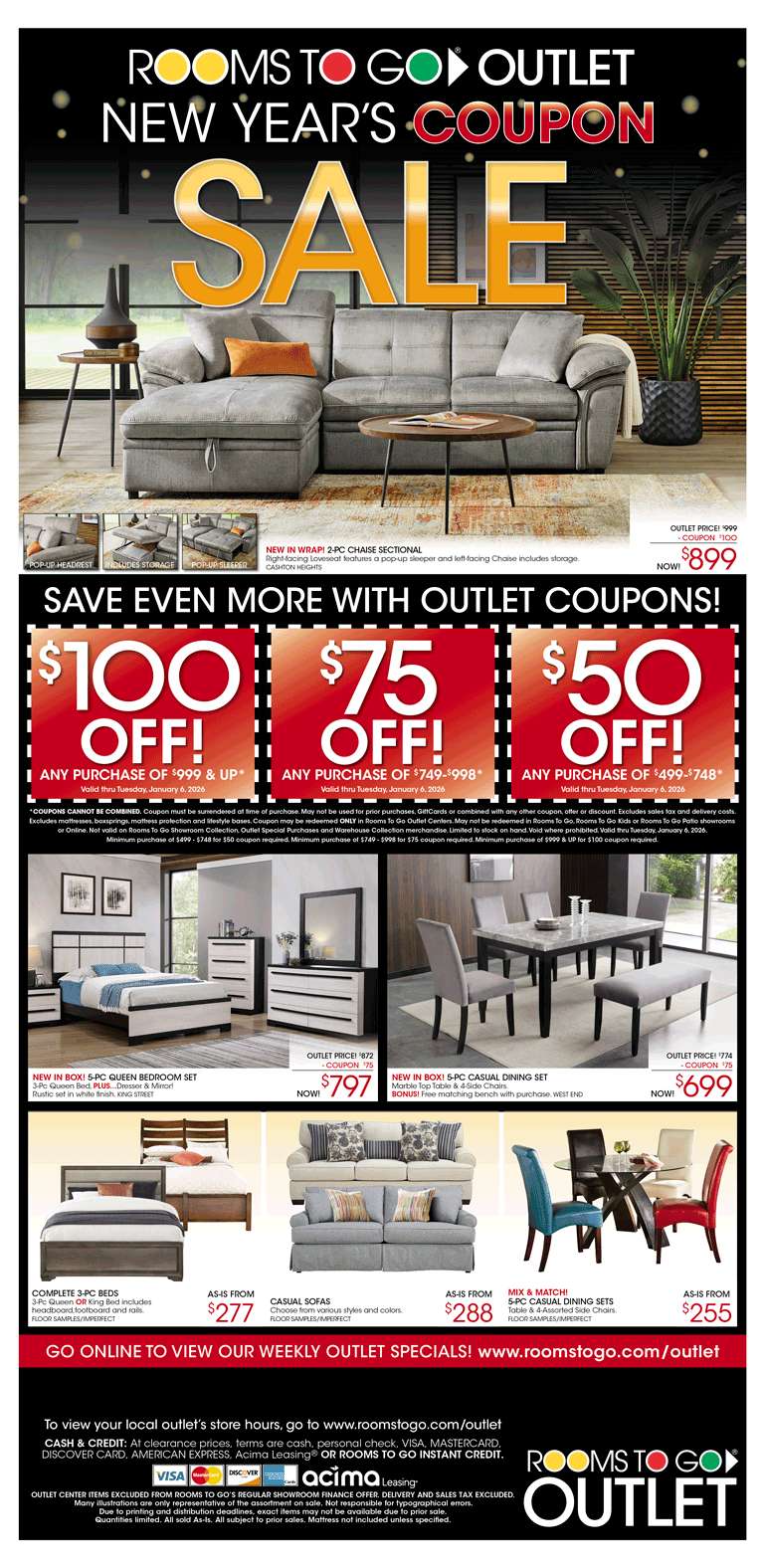 Rooms To Go Outlet New Year's Coupon Sale. Save with outlet coupons. Furniture sale.
