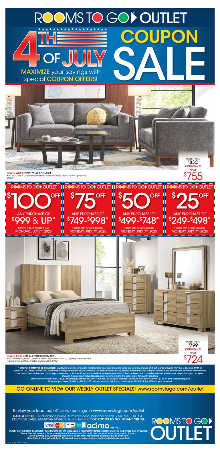 Rooms To Go Outlet 4th of July sale with coupon offers.
