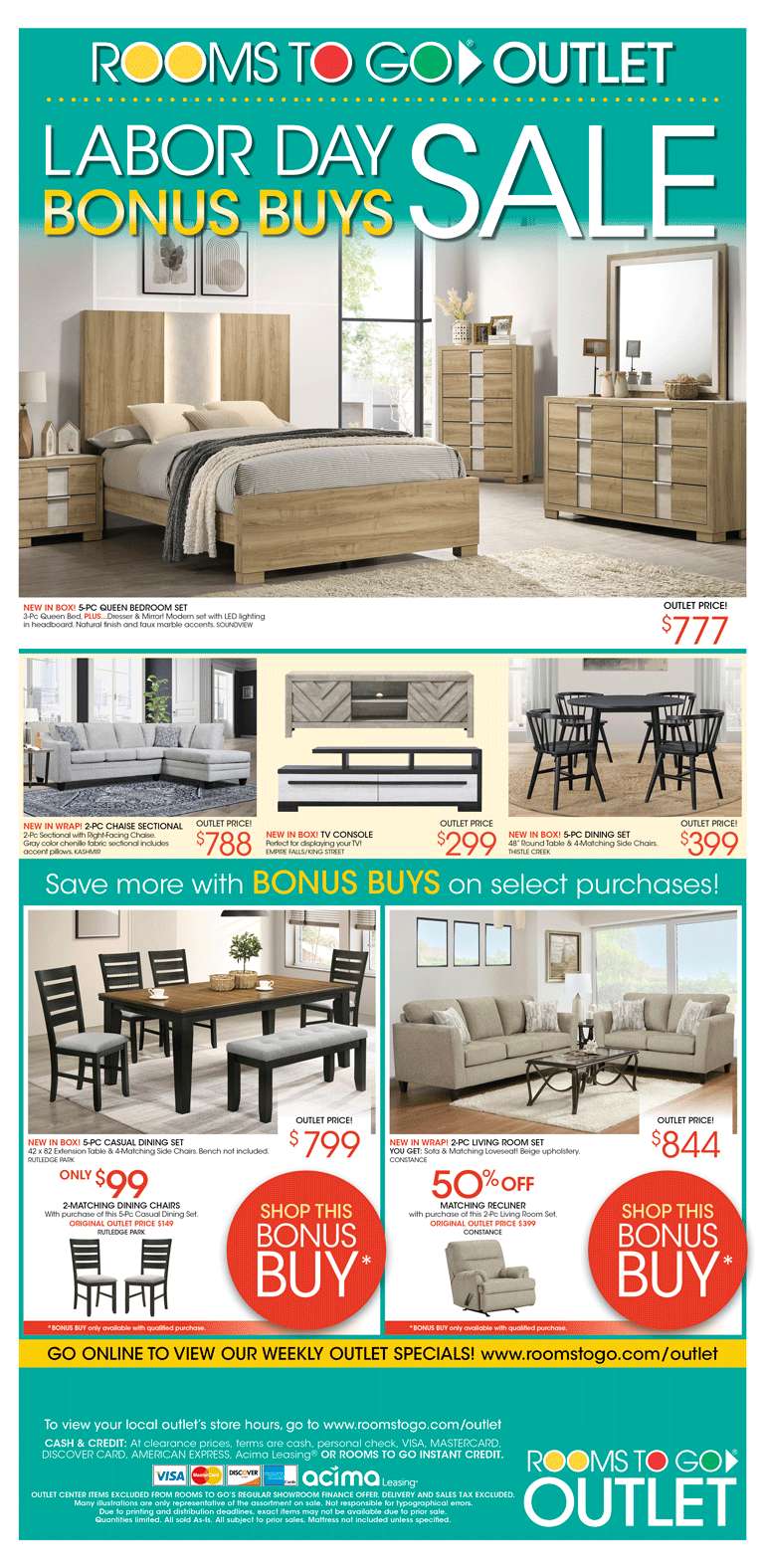 Rooms to Go Outlet Labor Day Sale with Bonus Buys. Furniture sets and dining sets are featured.
