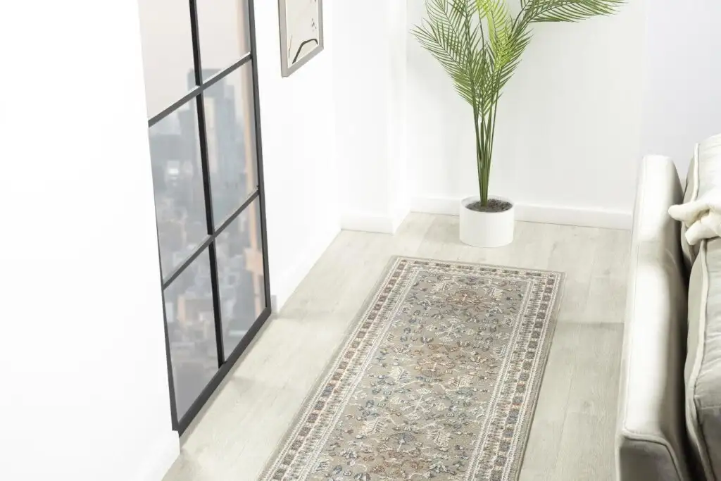 A long, patterned rug in a hallway with a plant and a couch.