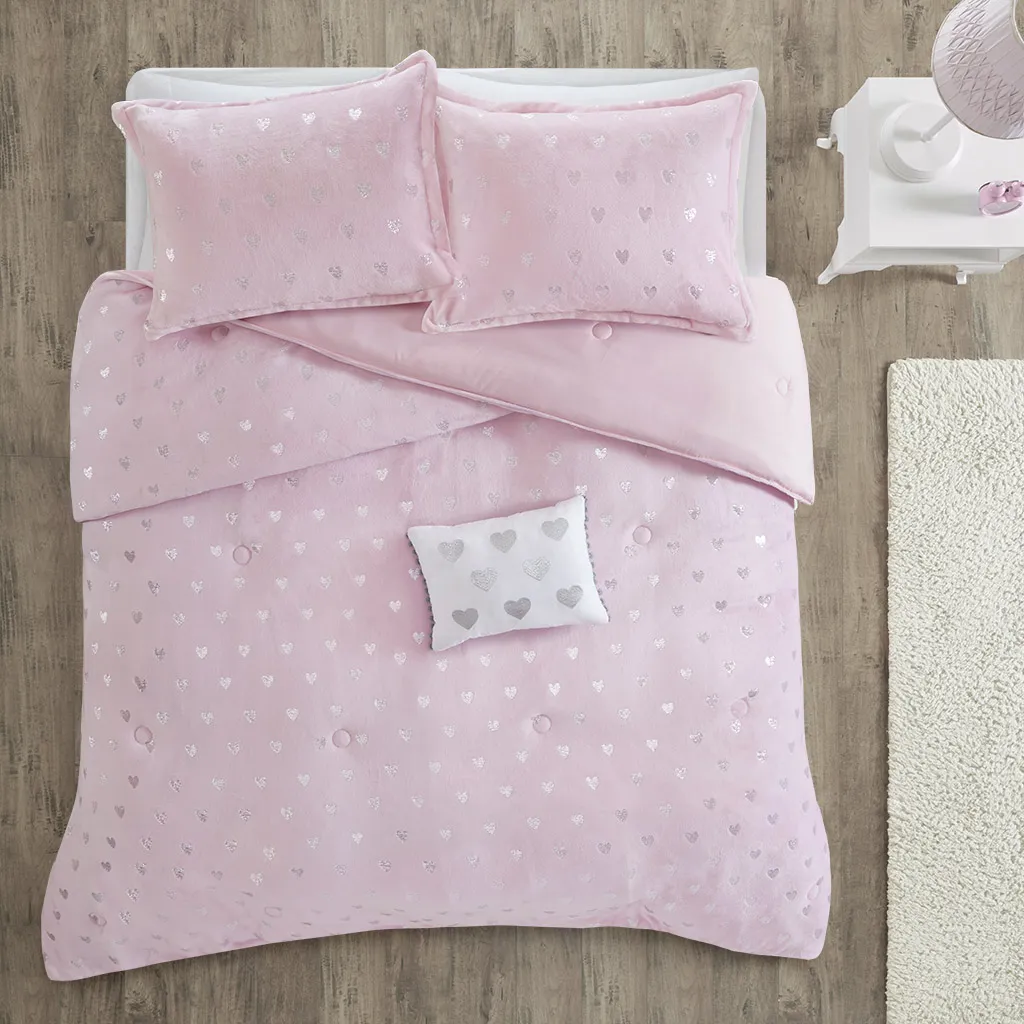 Kids Plush Hearts Pink Full/Queen Comforter Set - Image 1