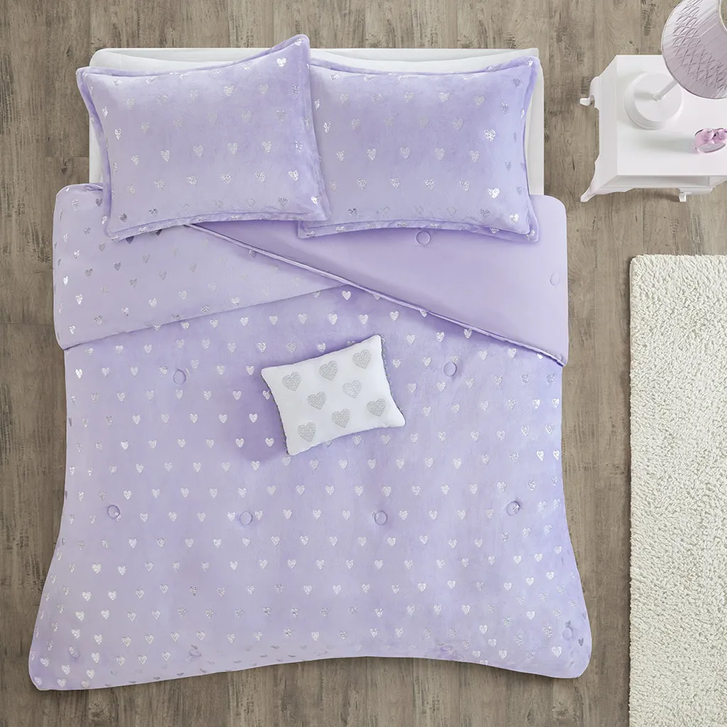 Kids Plush Hearts Purple Twin XL Comforter Set - Image 1