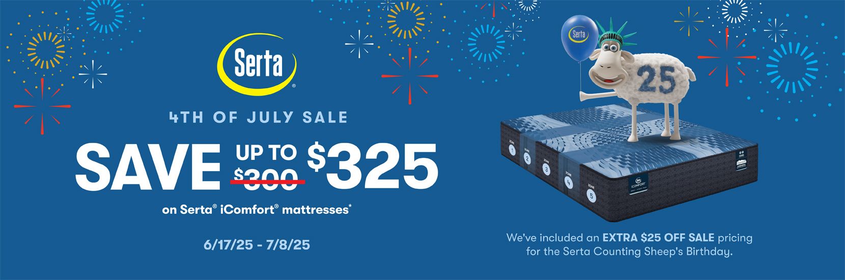 Serta 4th of July sale: Save up to $325 on iComfort mattresses. Includes an extra $25 off for the Counting Sheep's Birthday.
