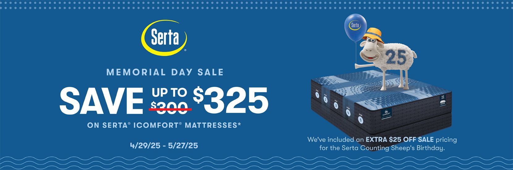 Serta Memorial Day Sale: Save up to $325 on iComfort mattresses. Includes an extra $25 off for the Serta Counting Sheep's Birthday.
