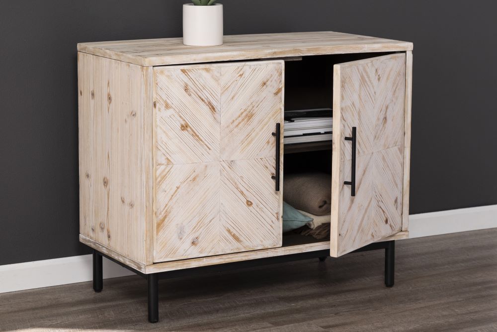 Wooden cabinet with black handles and legs. One door is open, revealing a shelf.
