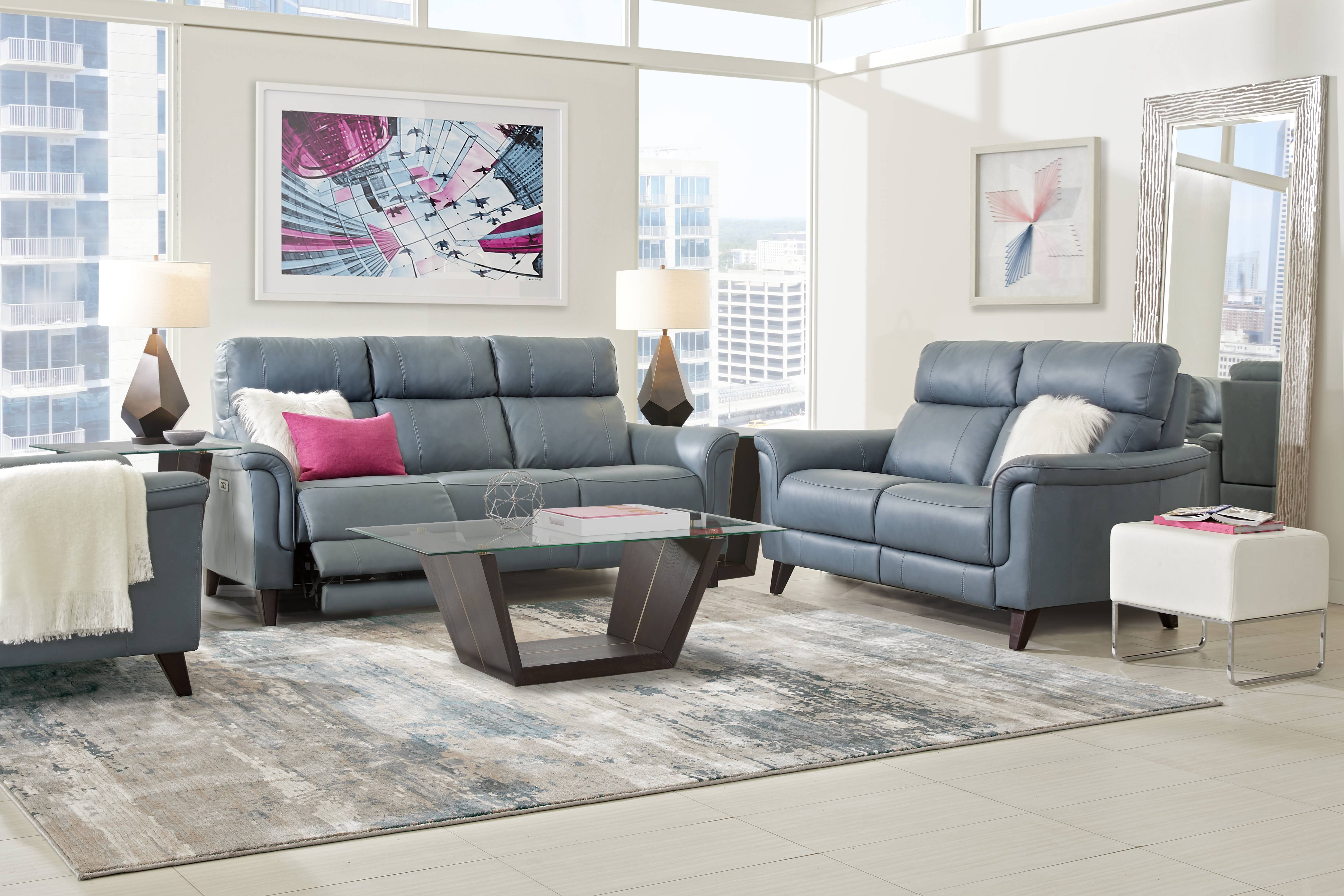 Avezzano Blue Leather 7 Pc Living Room with Dual Power Reclining Sofa - Thumbnail - Image 1