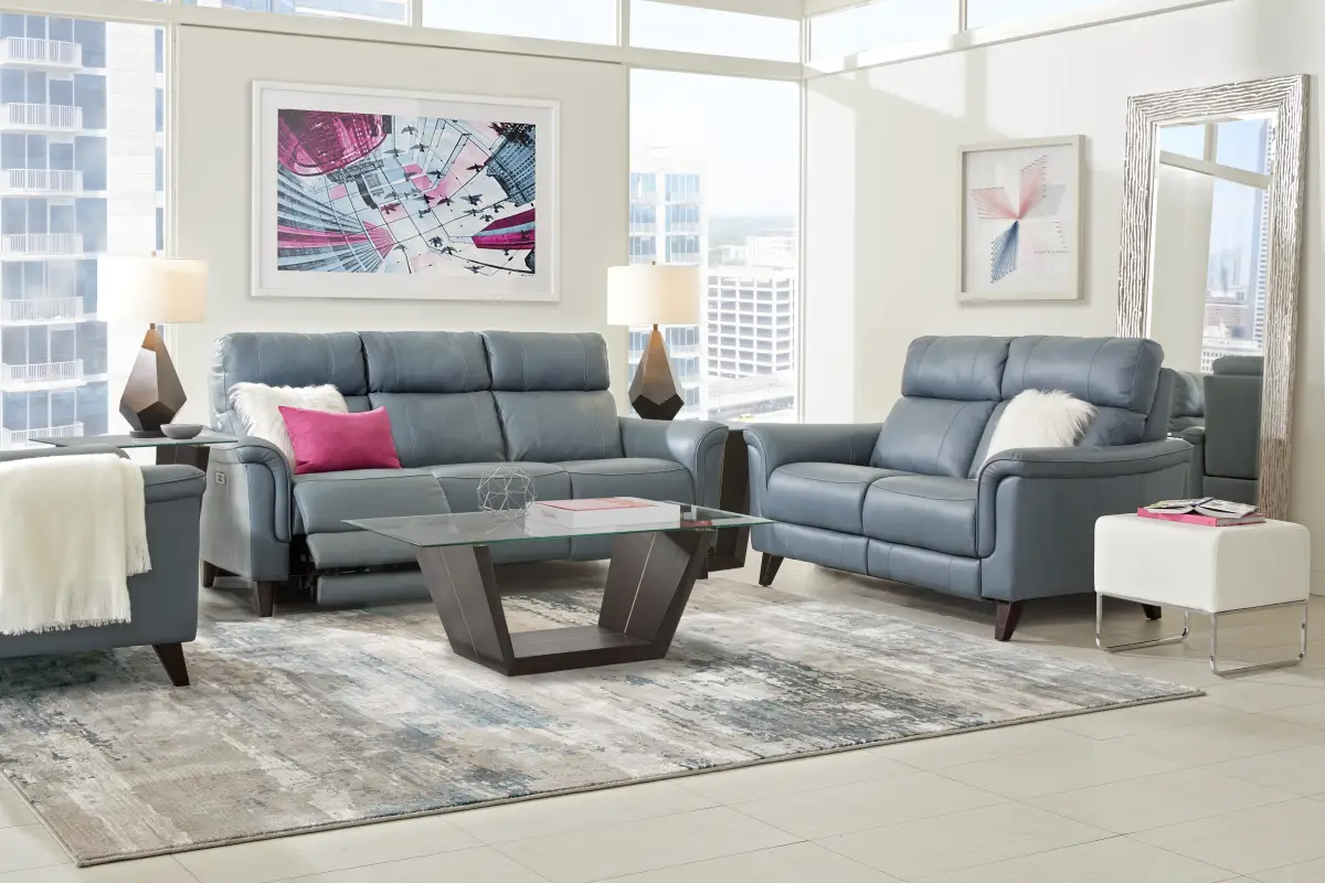 Cindy Crawford Avezzano 7 Pc Blue Leather Living Room Set With