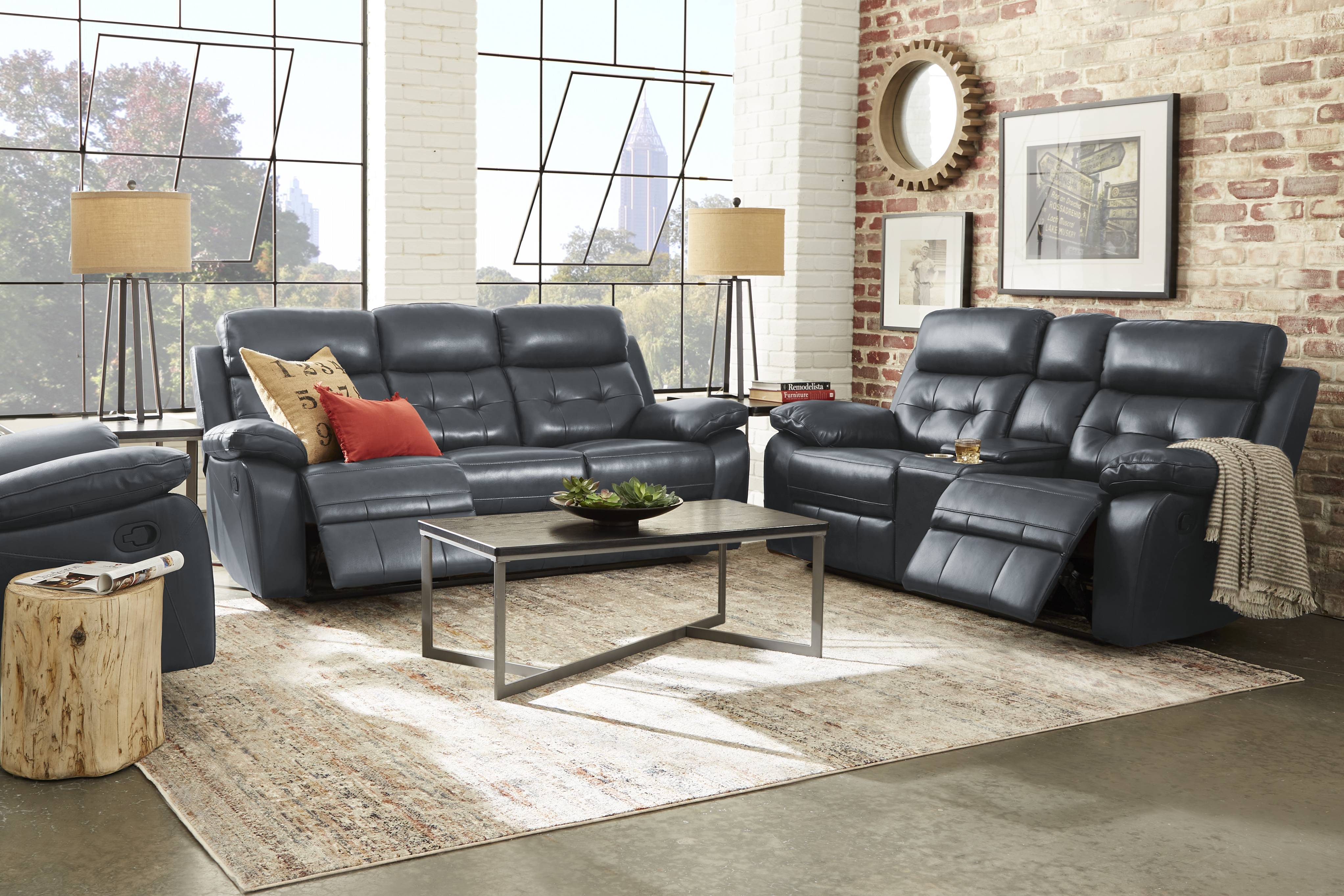 Antonin Blue Leather 3 Pc Reclining Living Room - Thumbnail - Image 1