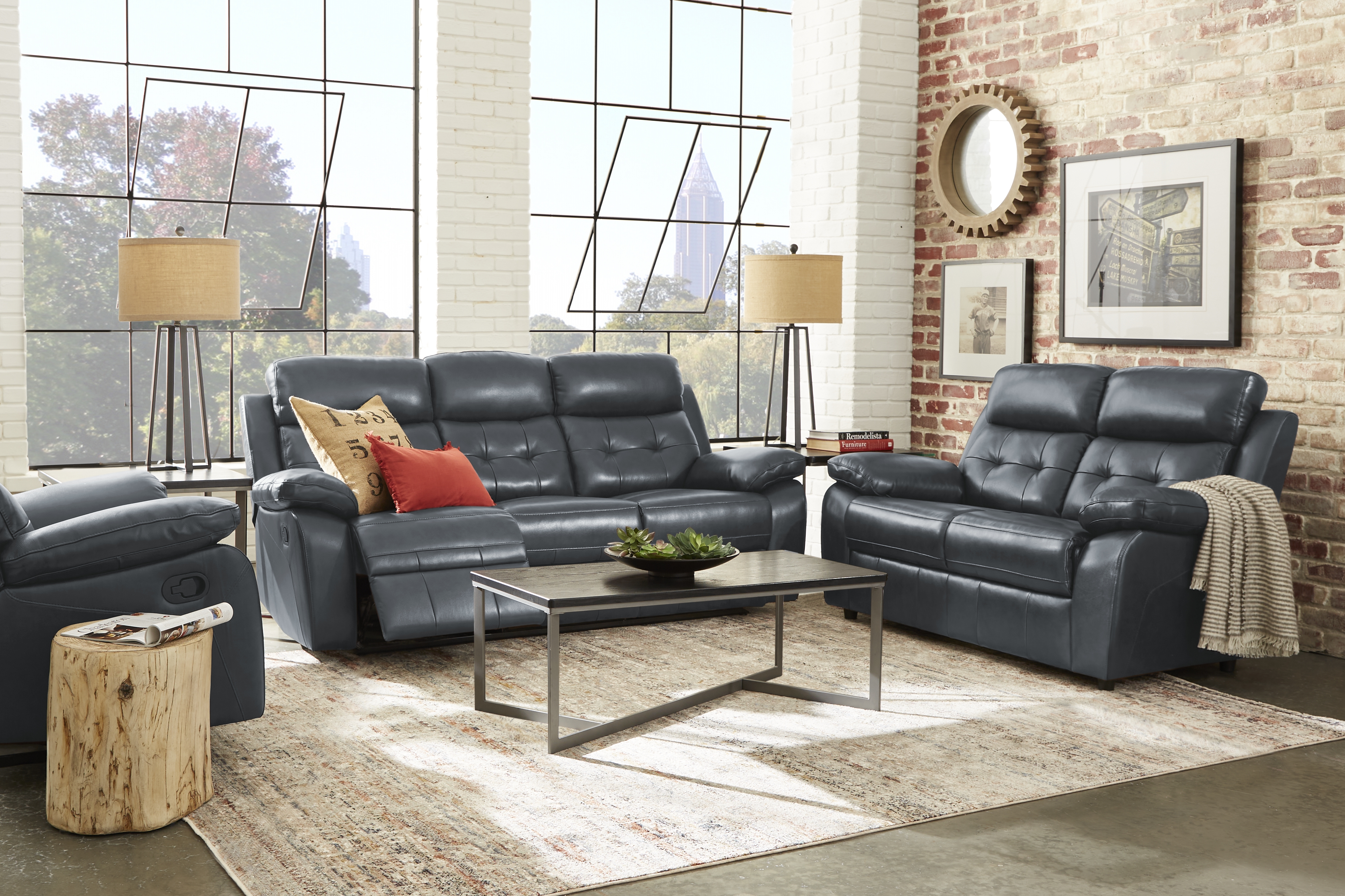Antonin Blue Leather Reclining Sofa - Thumbnail - Image 2