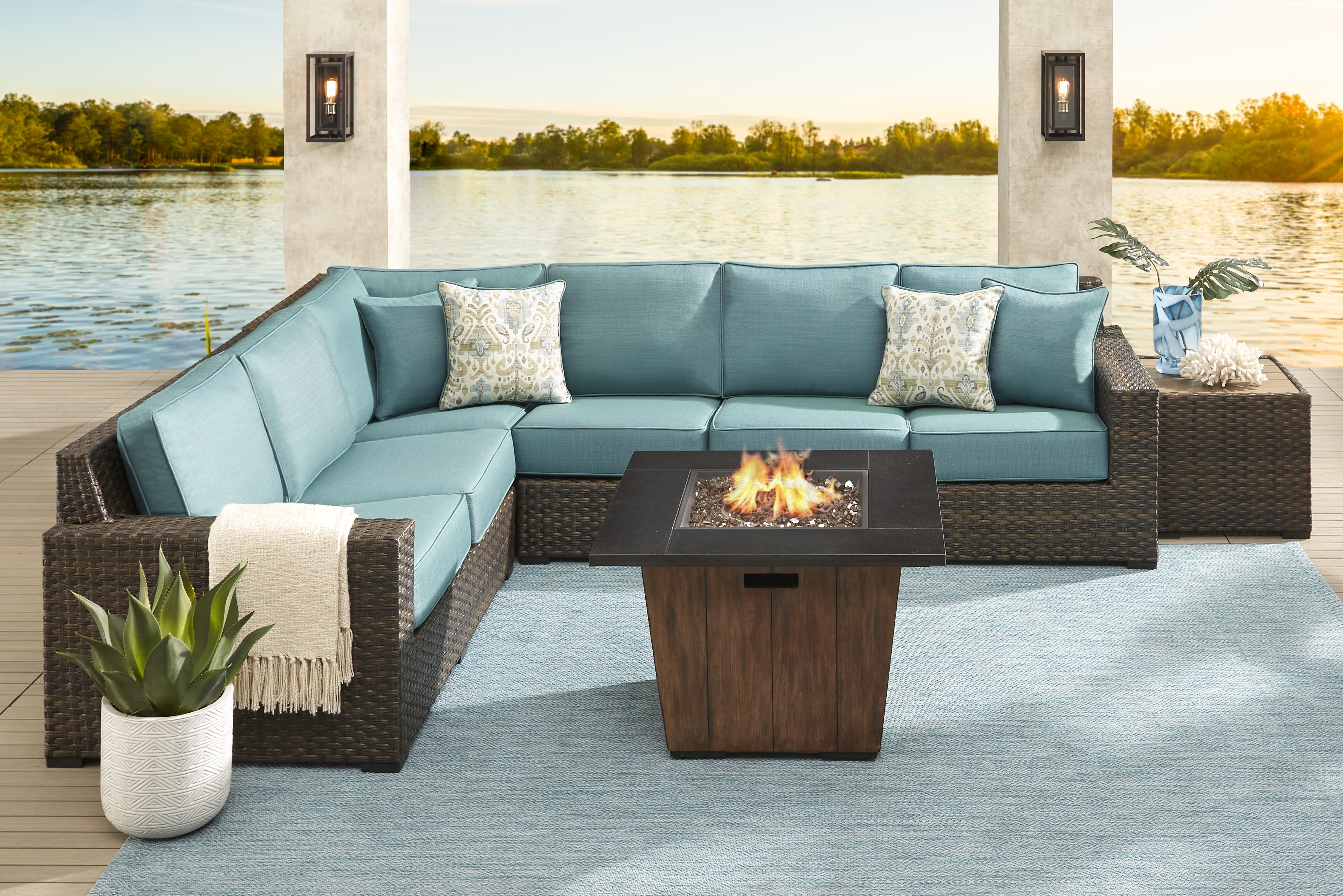 Rialto Brown 4 Pc Outdoor Sectional with Aqua Cushions - Thumbnail - Image 2