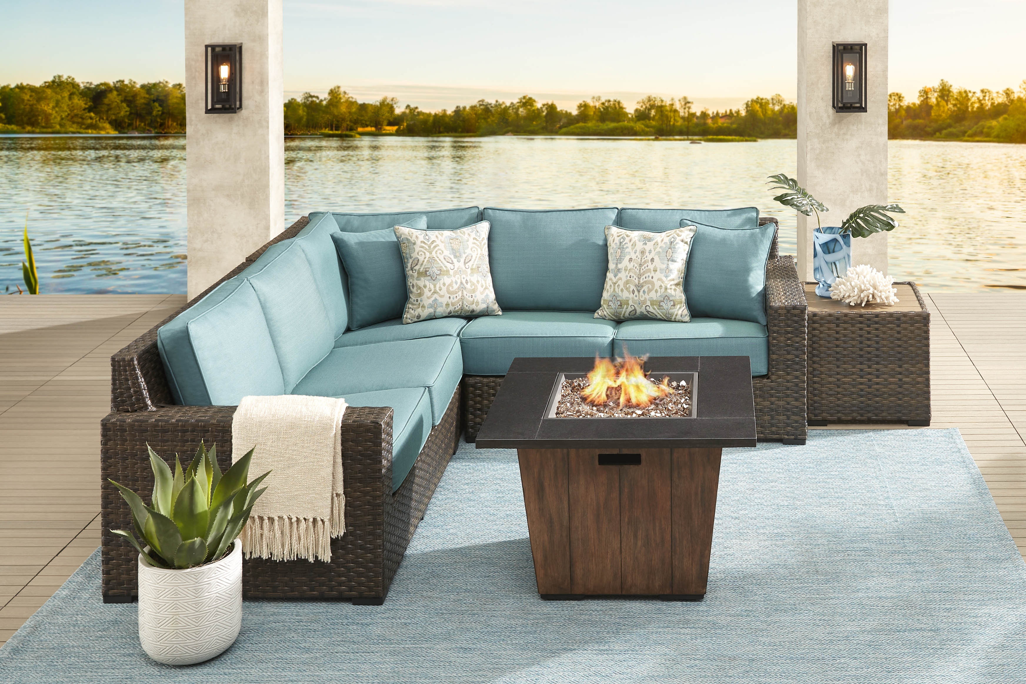 Rialto Brown 3 Pc Outdoor Sectional with Aqua Cushions - Thumbnail - Image 2
