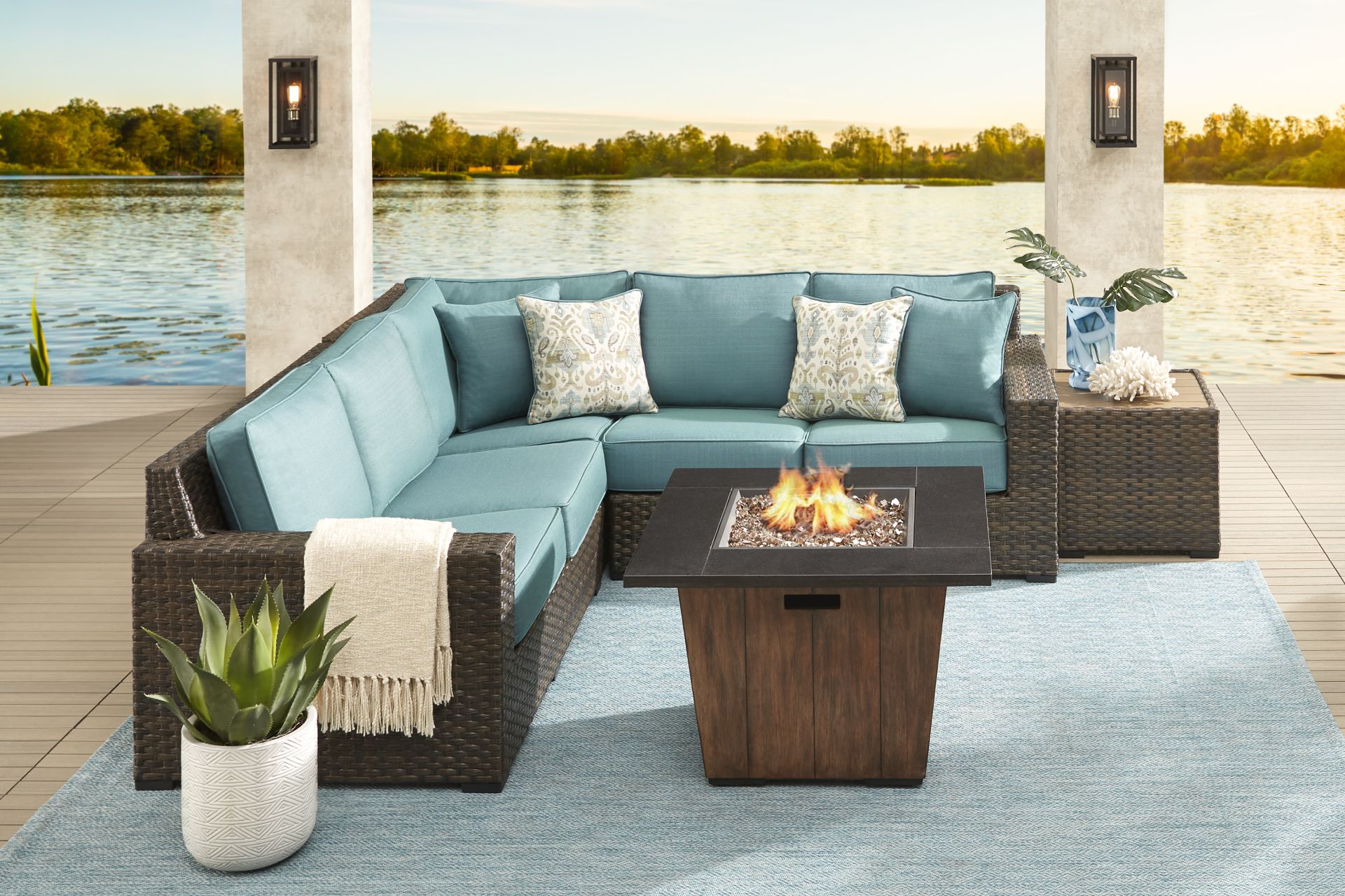 Rialto Brown 3 Pc Outdoor Sectional with Aqua Cushions - Image 2