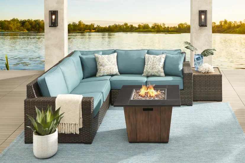 Rialto Brown 3 Pc Outdoor Sectional with Aqua Cushions