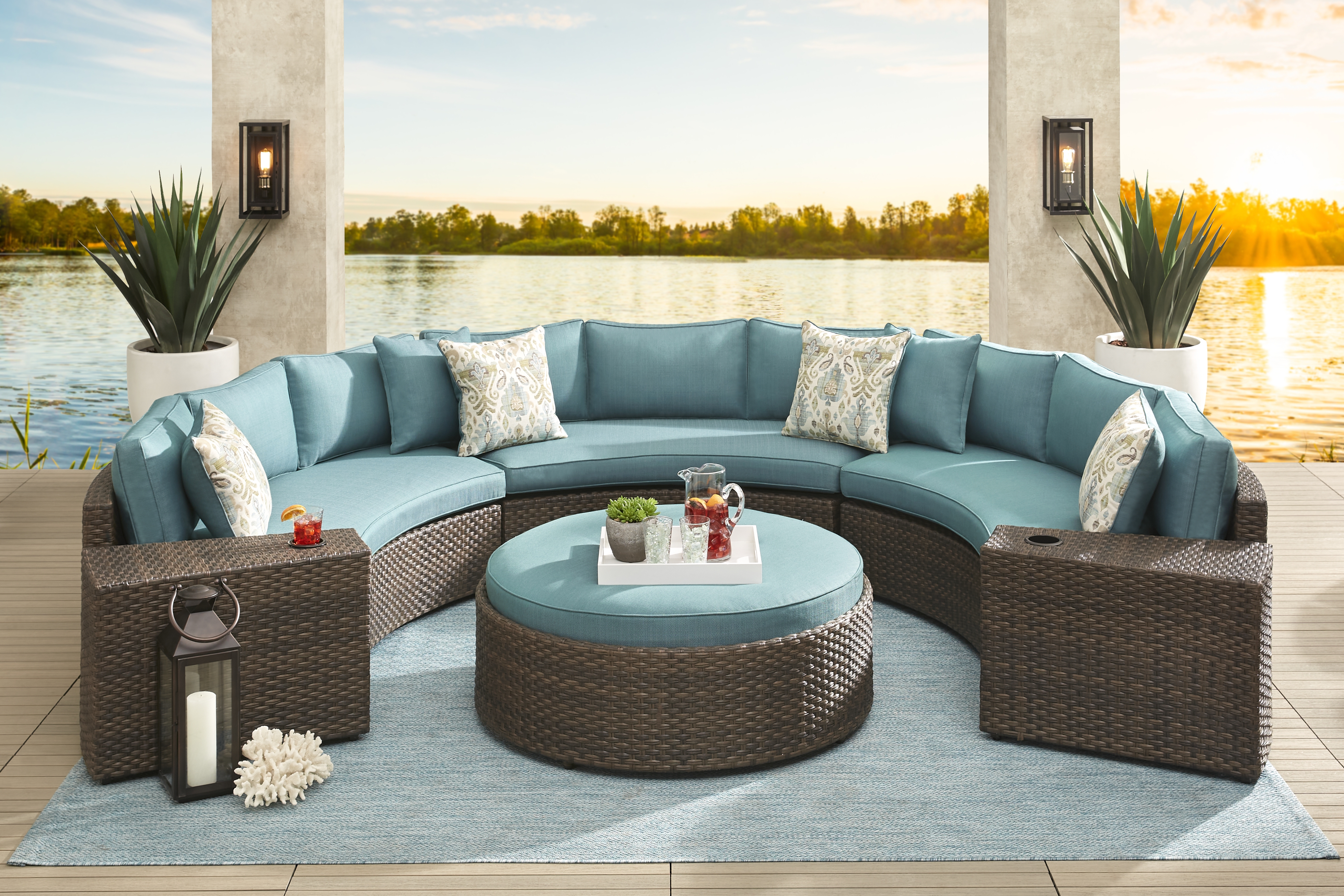 Rialto Brown 6 Pc Curved Outdoor Sectional with Aqua Cushions - Thumbnail - Image 2