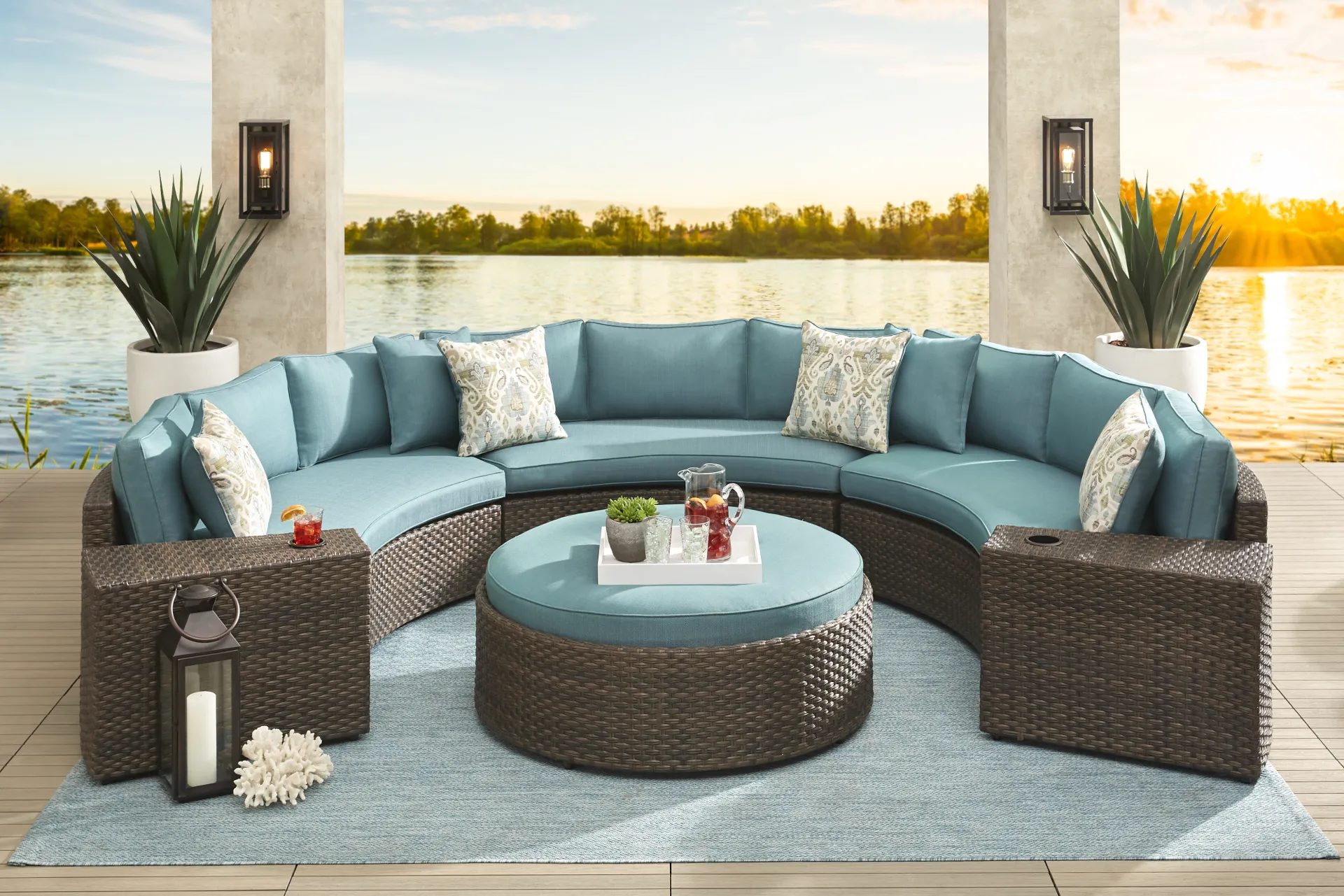 Rialto Brown 5 Pc Curved Outdoor Sectional with Aqua Cushions - Image 1