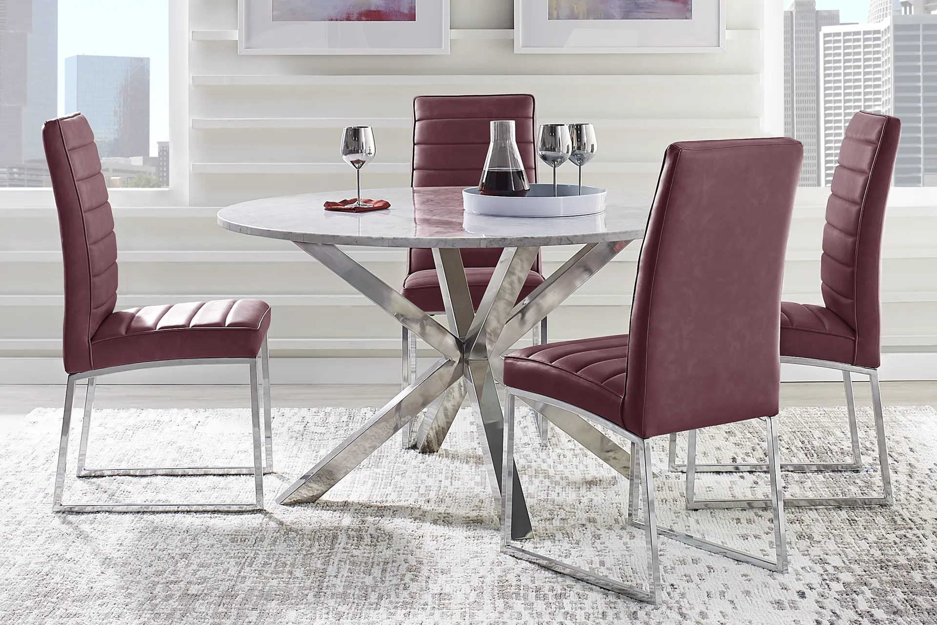 Linton Park Silver 5 Pc Round Dining Room with Bordeaux Side Chairs - Image 1
