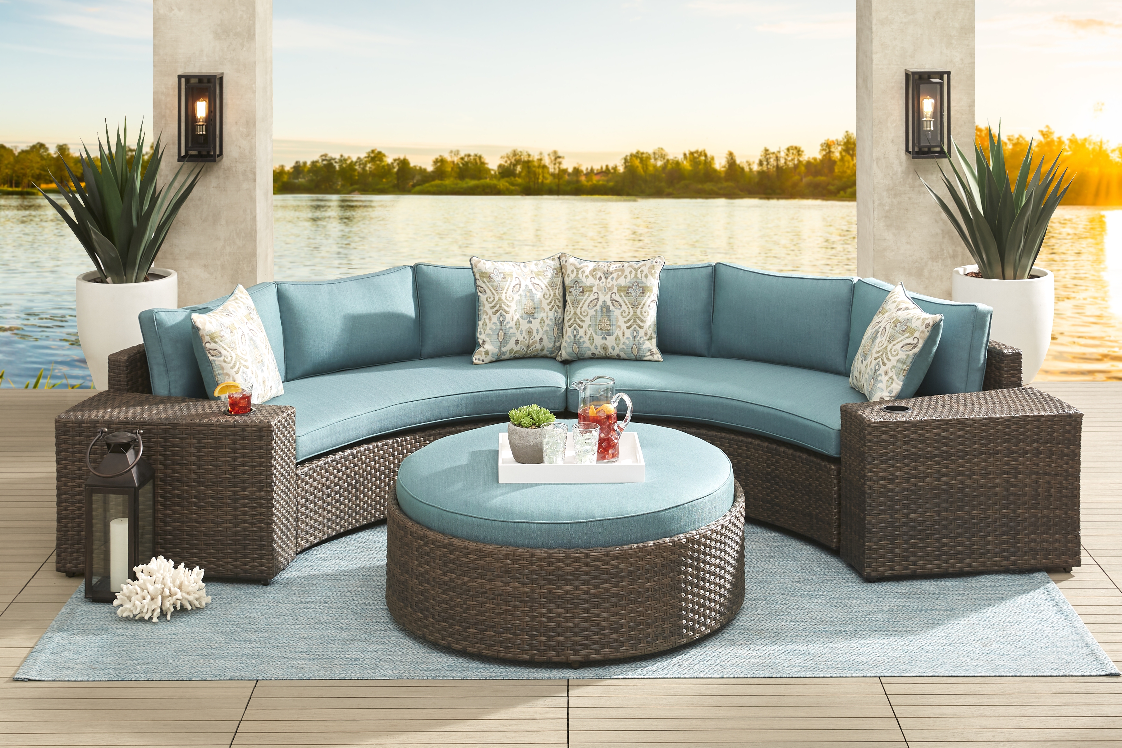 Rialto Brown 5 Pc Curved Outdoor Sectional with Aqua Cushions - Thumbnail - Image 2