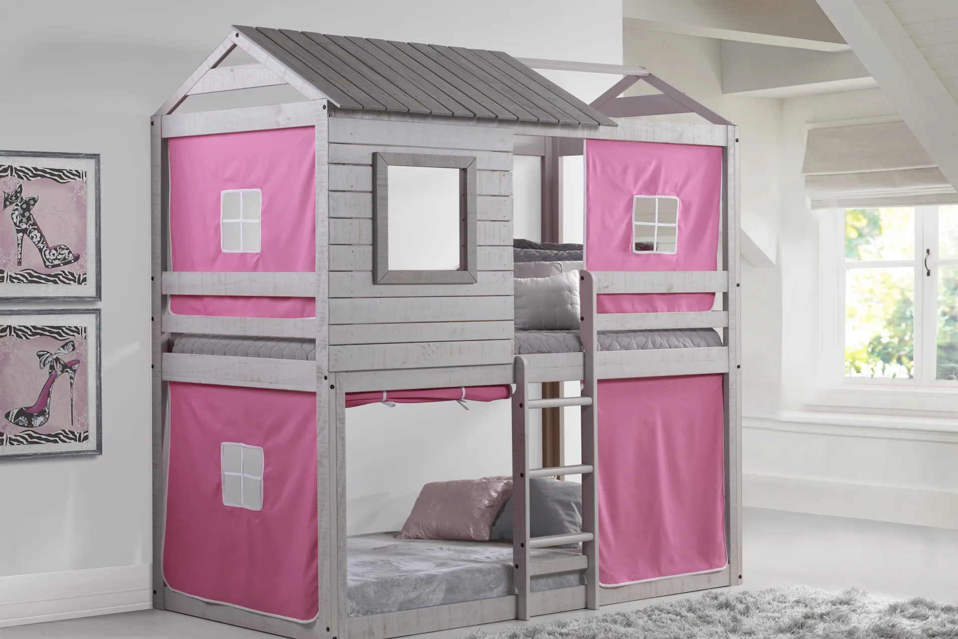 Treeline Cabin Gray Twin/Twin Jr. Loft Bed with Pink Tent - Image 1