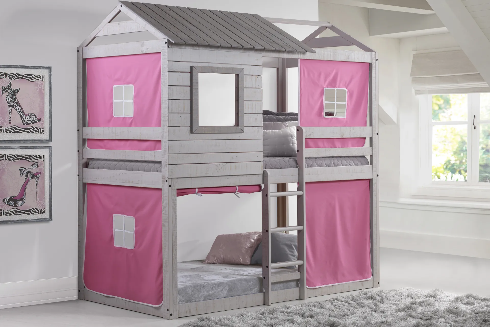 Treeline Cabin Gray Twin/Twin Jr. Loft Bed with Pink Tent - Image 2