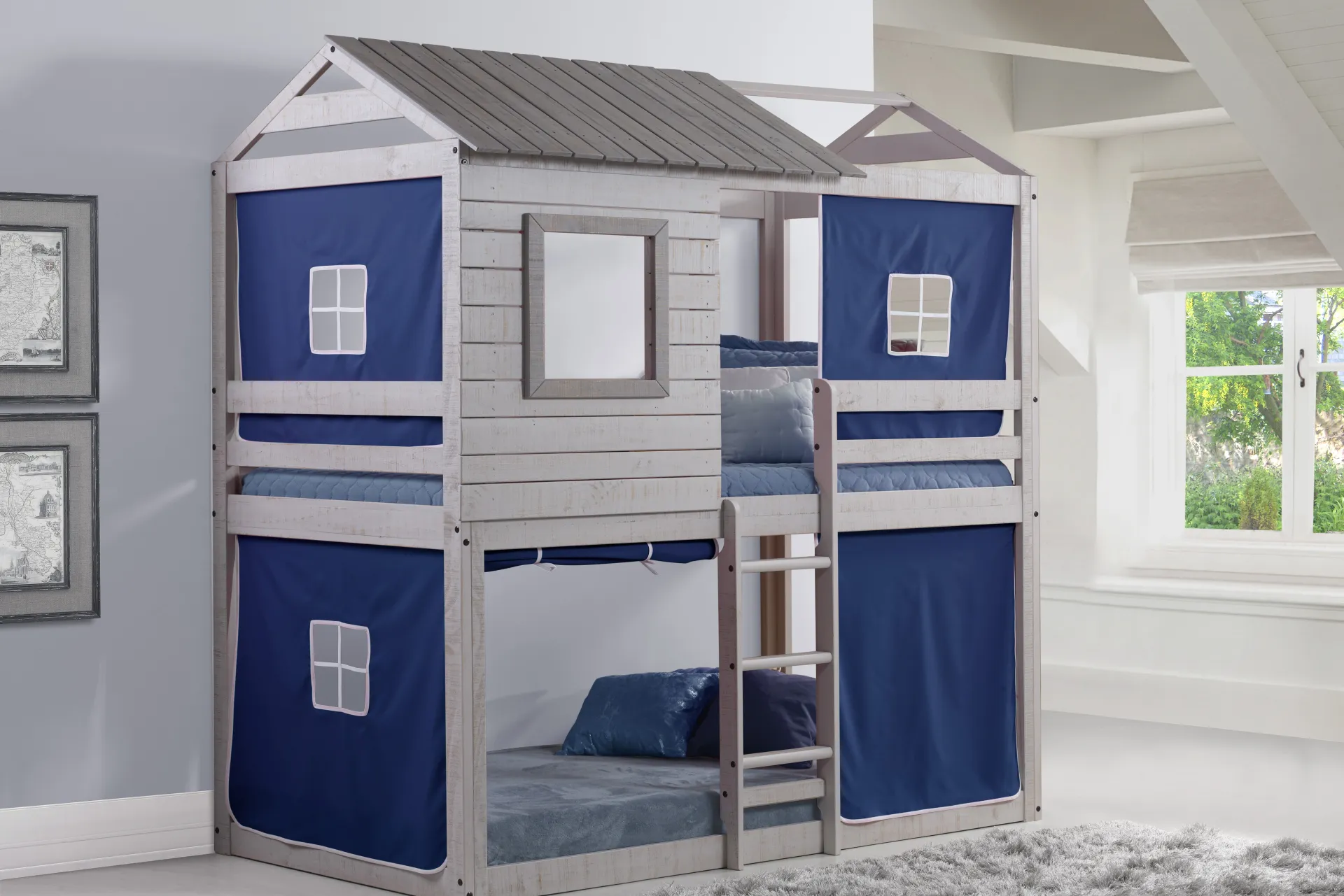 Treeline Cabin Gray Twin/Twin Jr. Loft Bed with Blue Tent - Image 1