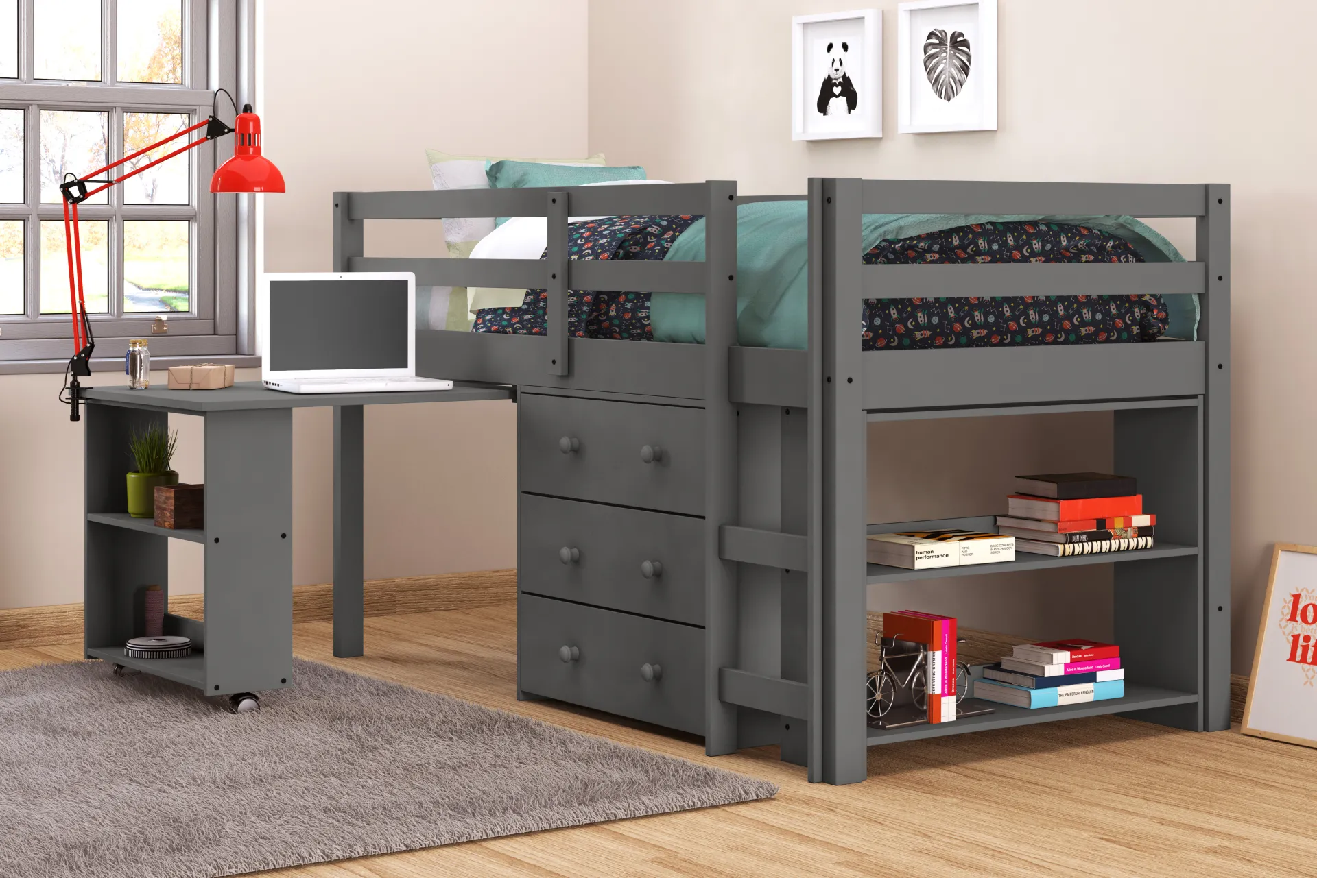 Hollis Ridge Gray Twin Student Loft Bed with Desk, Chest and Bookcase - Image 2