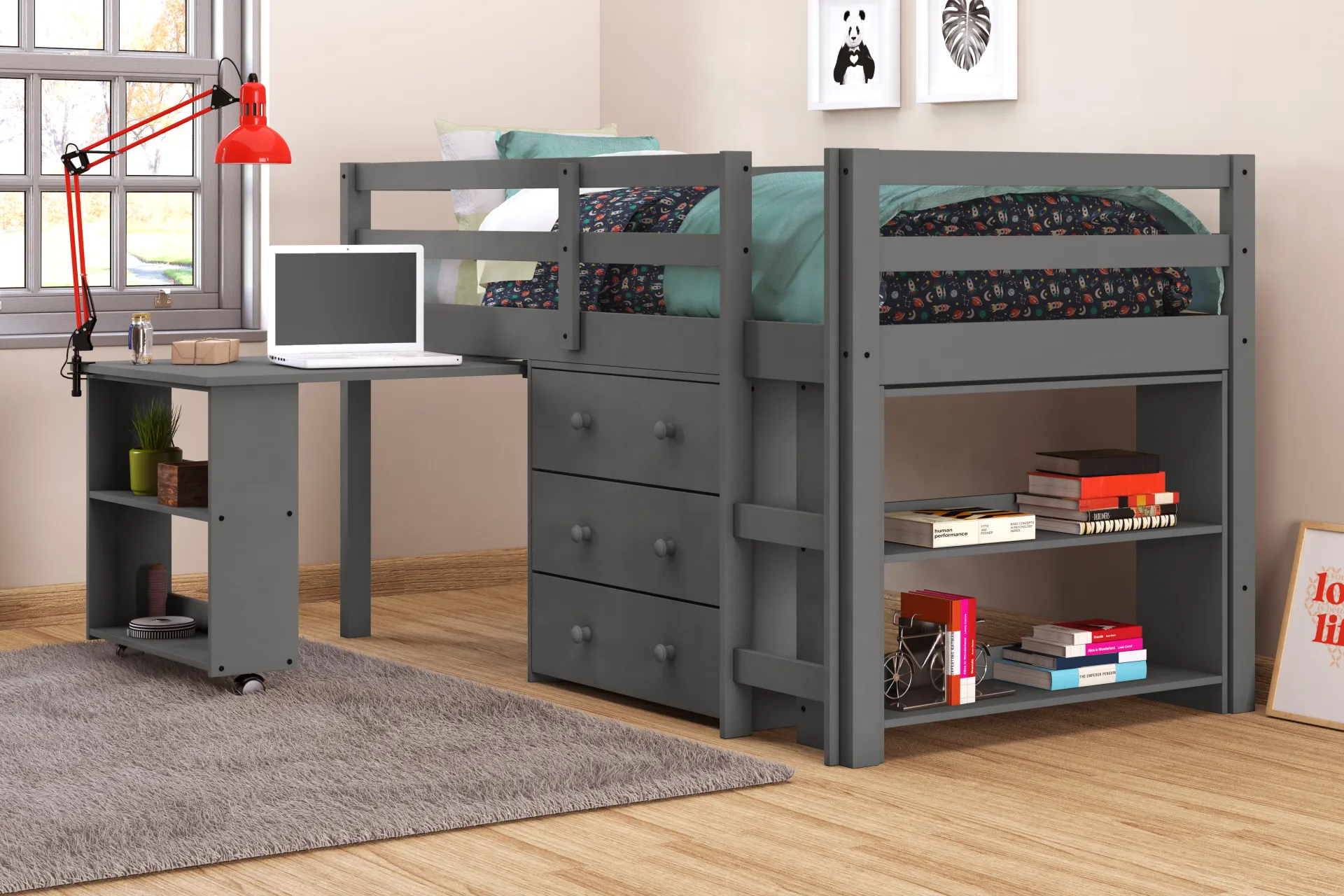 Hollis Ridge Gray Twin Student Loft Bed with Desk, Chest and Bookcase - Image 2