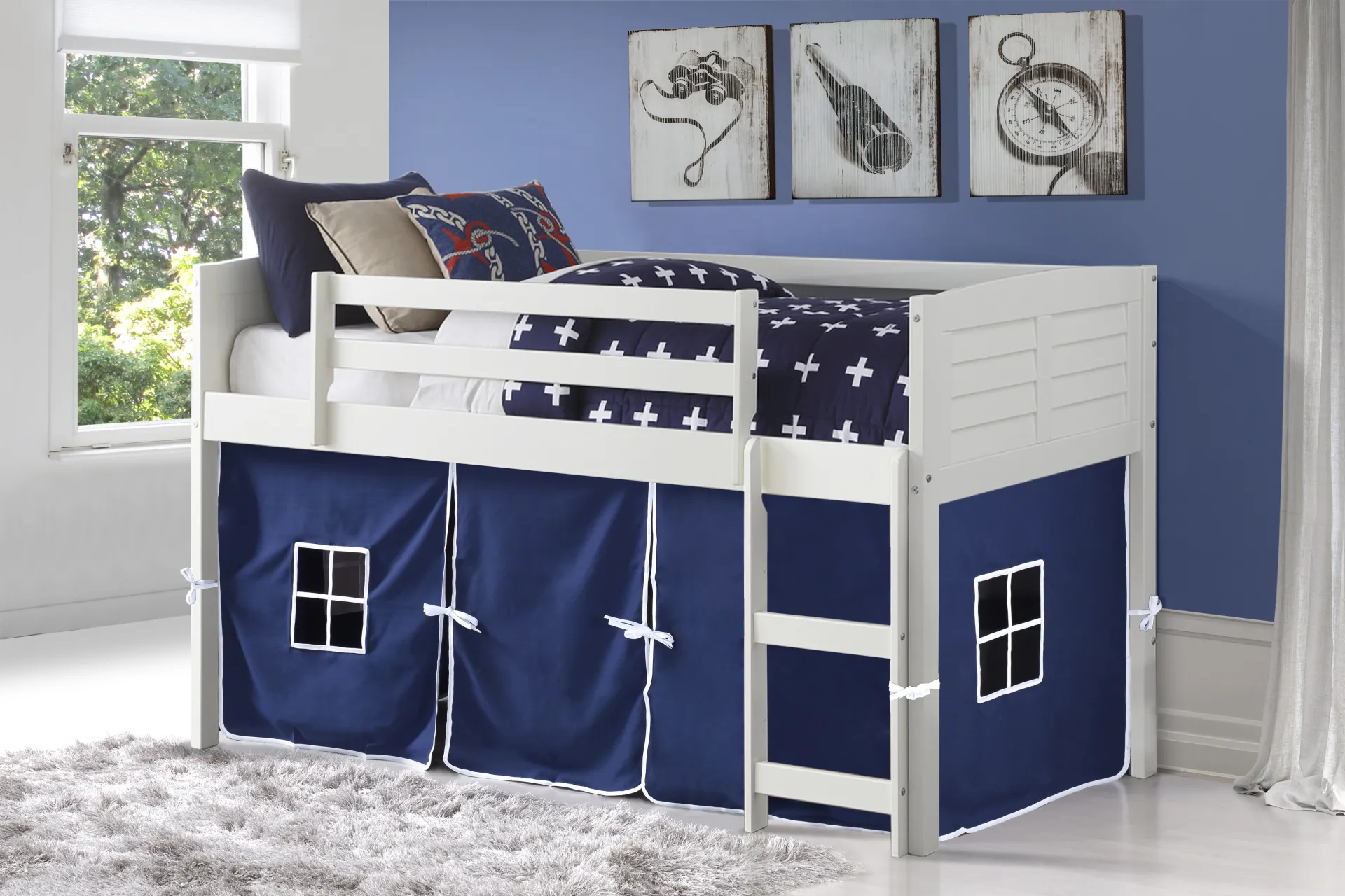 Kids Camp Hideaway White Twin Jr. Loft Bed with Blue Tent - Image 2