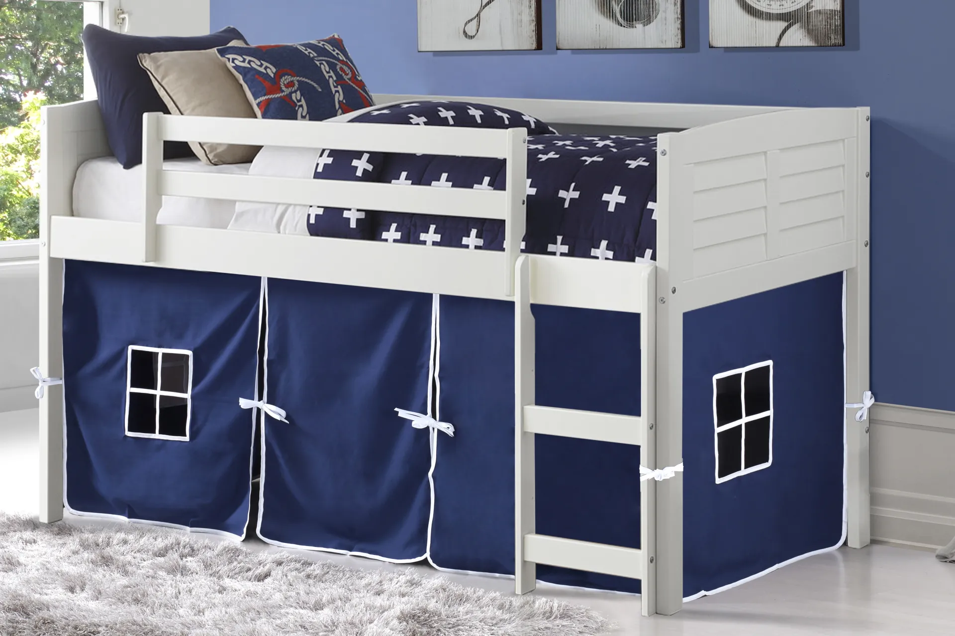 Kids Camp Hideaway White Twin Jr. Loft Bed with Blue Tent - Image 2