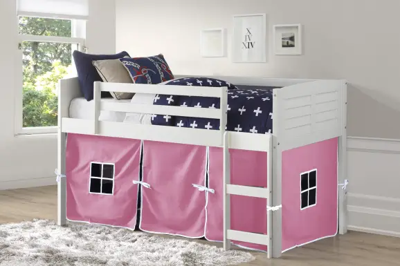 Kids Camp Hideaway White Twin Jr. Loft Bed with Pink Tent