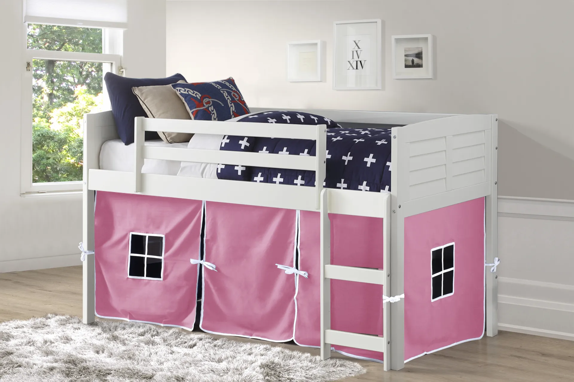 Kids Camp Hideaway White Twin Jr. Loft Bed with Pink Tent - Image 2