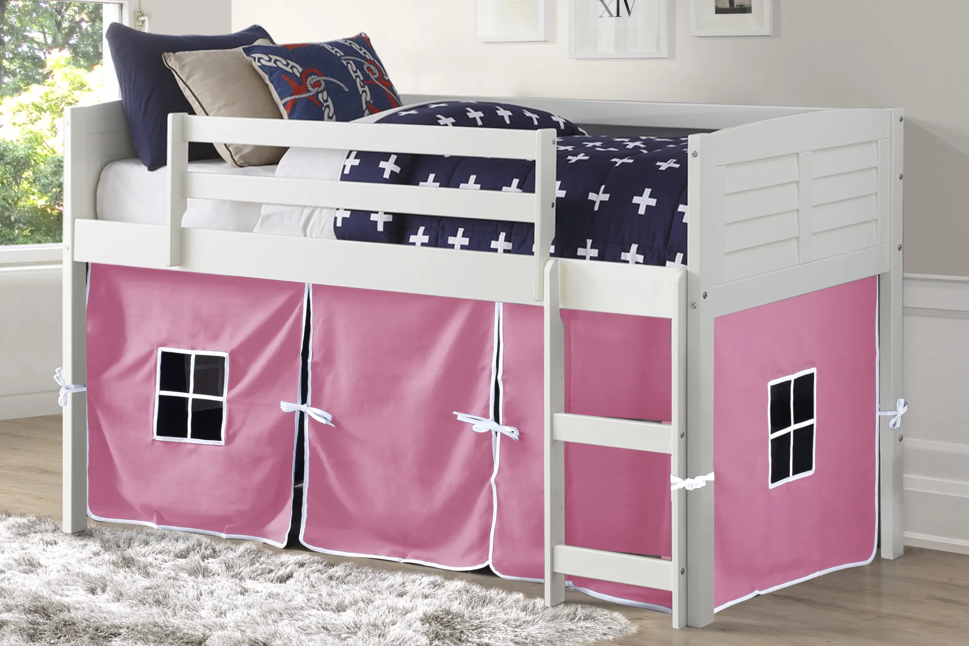 Kids Camp Hideaway White Twin Jr. Loft Bed with Pink Tent - Image 2