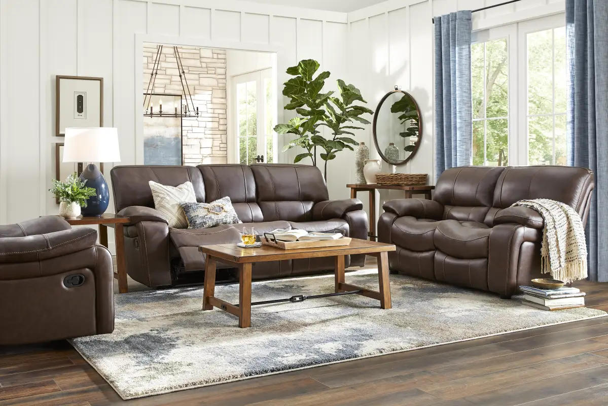 San Gabriel Brown Leather 5 Pc Living Room with Reclining Sofa