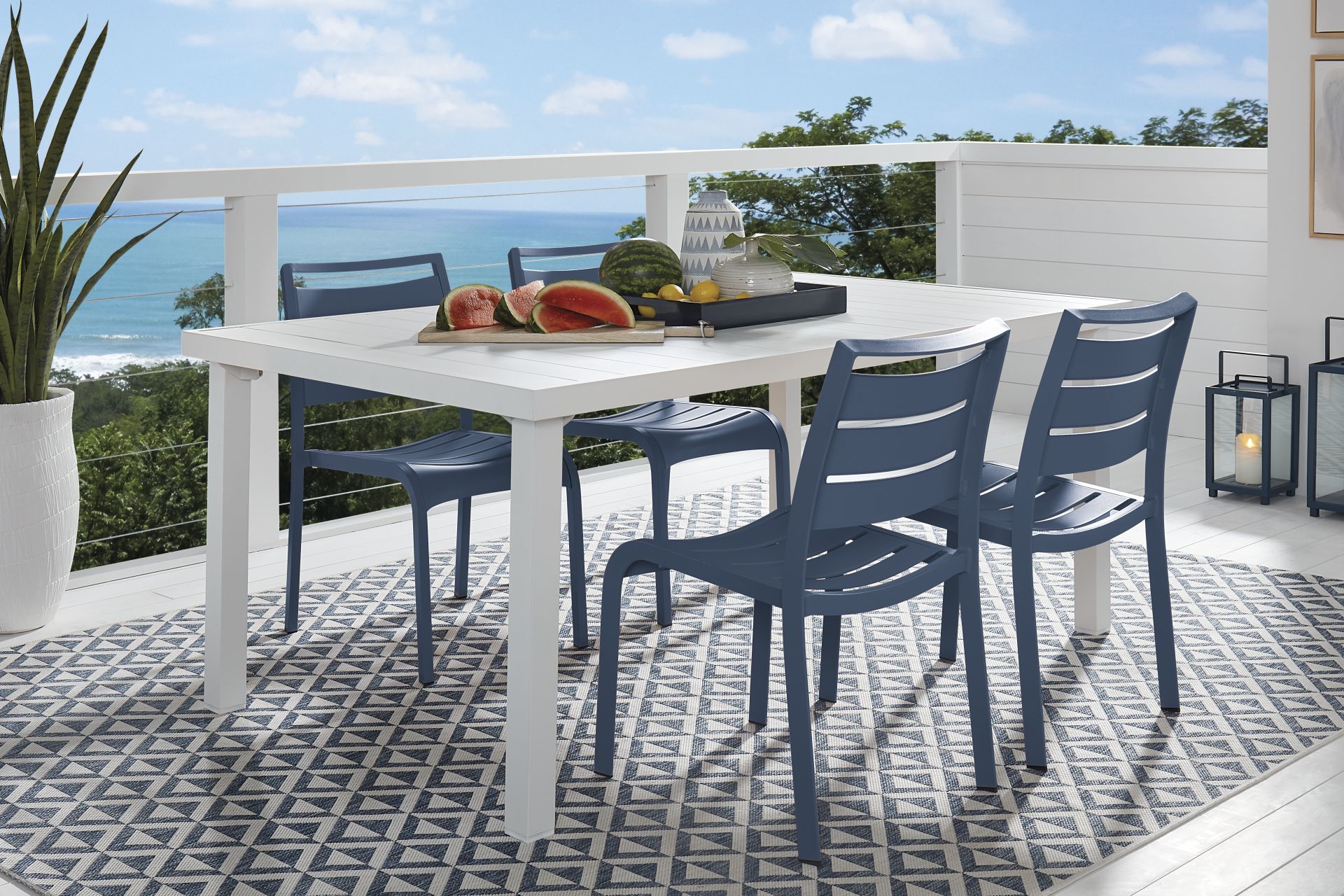 Park Walk White 5 Pc Rectangle Extension Outdoor Dining Set with Navy Chairs - Image 1