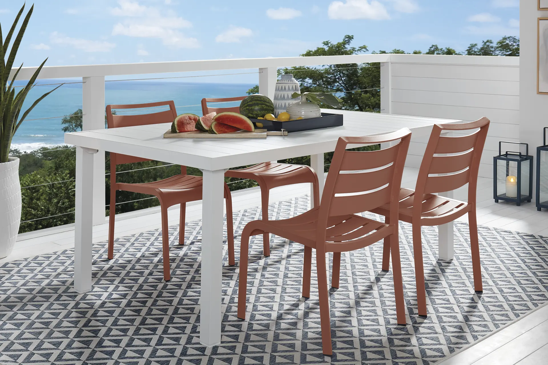 Park Walk White 5 Pc Rectangle Outdoor Dining Set with Coral Chairs