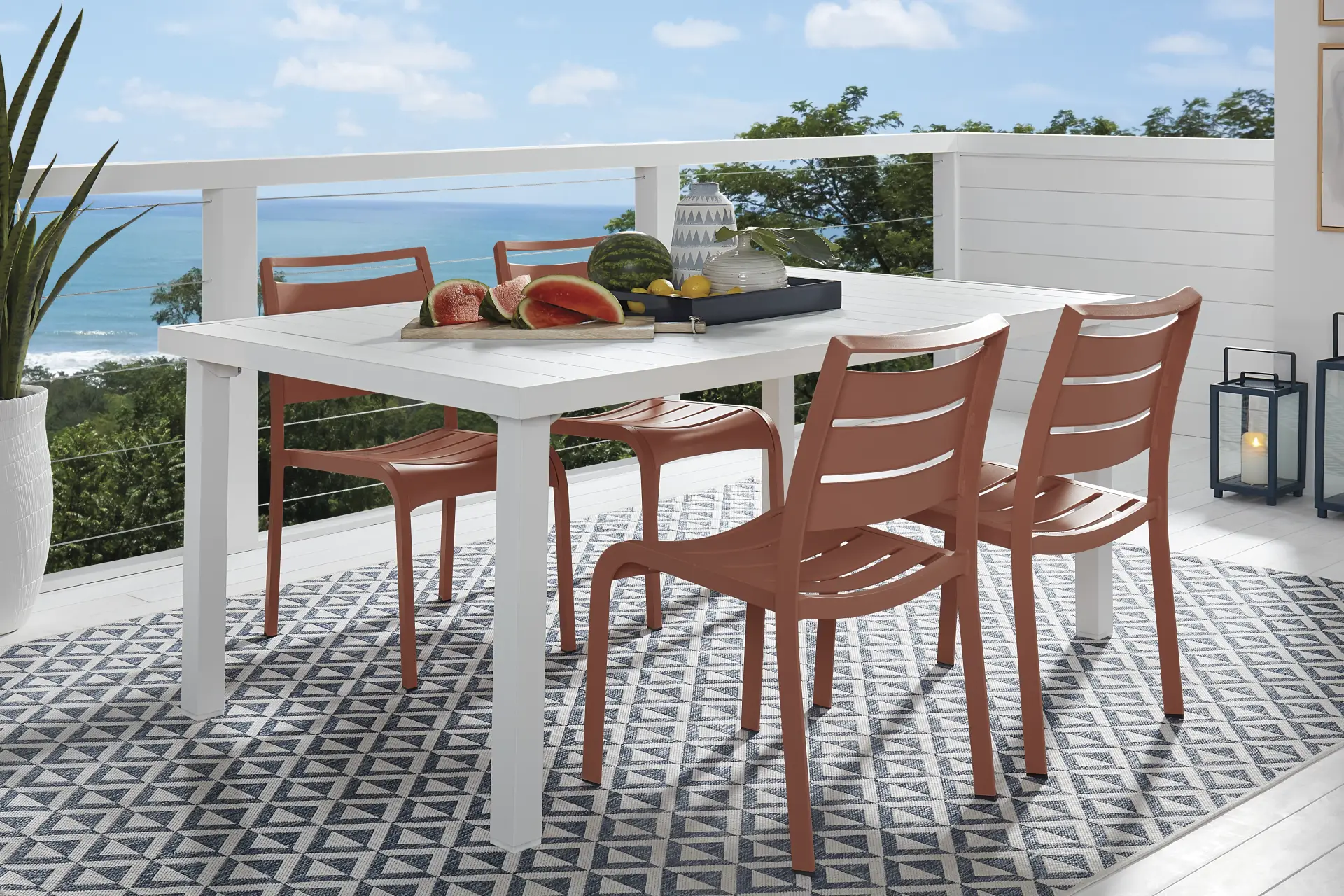 Park Walk White 5 Pc Rectangle Outdoor Dining Set with Coral Chairs full room