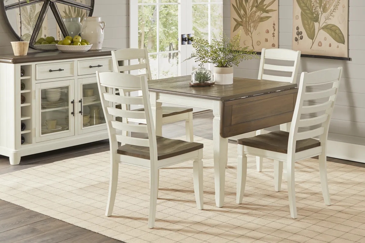 Country Lane Antique White 3 Pc Drop Leaf Dining Room with Ladder Back Chairs