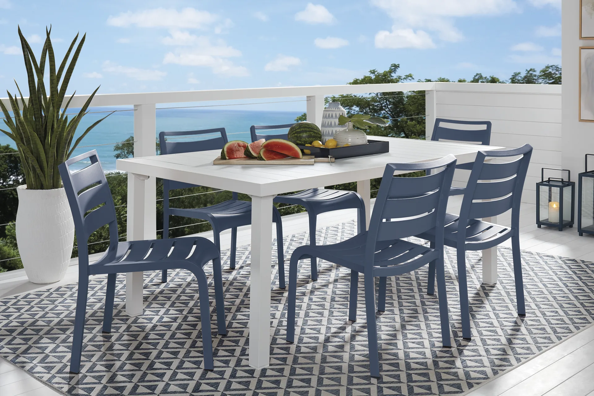 Park Walk White 7 Pc Rectangle Outdoor Dining Set with Navy Chairs - Image 1