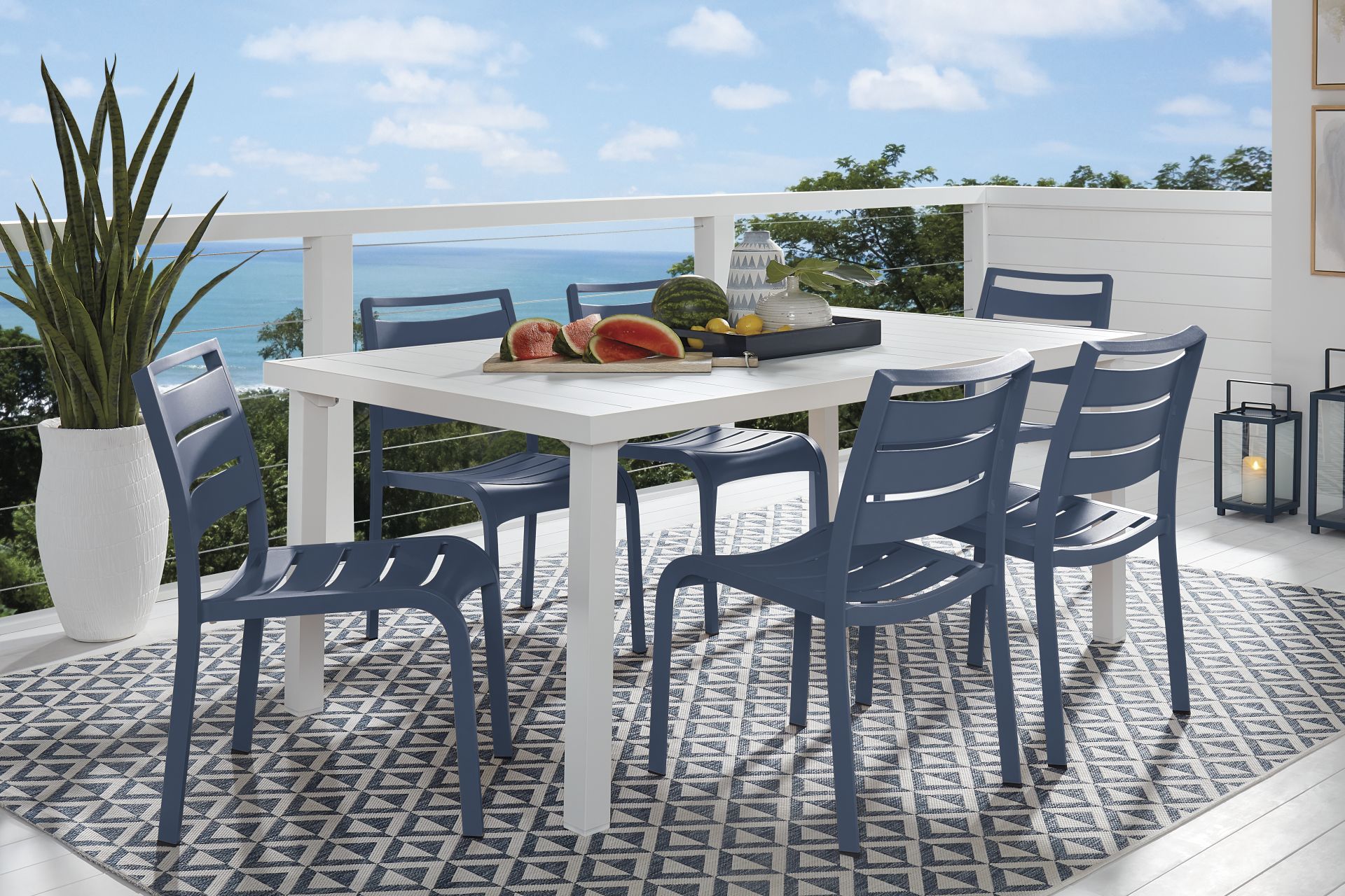 Park Walk White 7 Pc Rectangle Outdoor Dining Set with Navy Chairs - Image 1