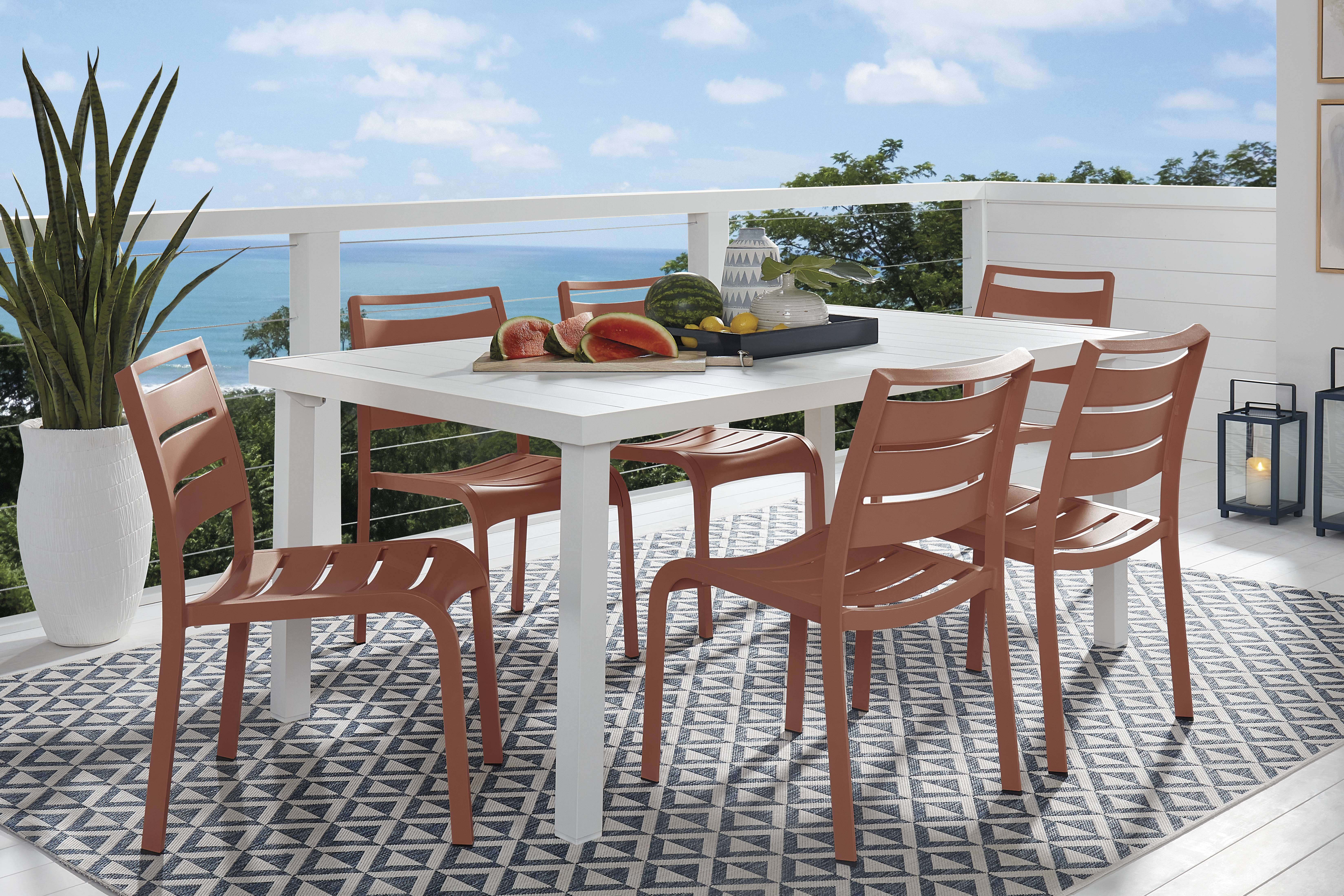 Park Walk White 7 Pc Rectangle Outdoor Dining Set with Coral Chairs - Thumbnail - Image 1