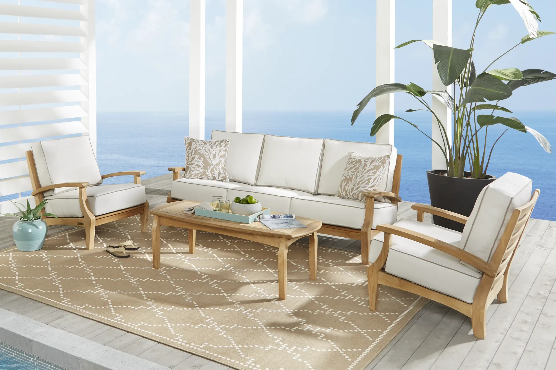 Pleasant Bay Teak 4 Pc Outdoor Seating Set with White Sand Cushions